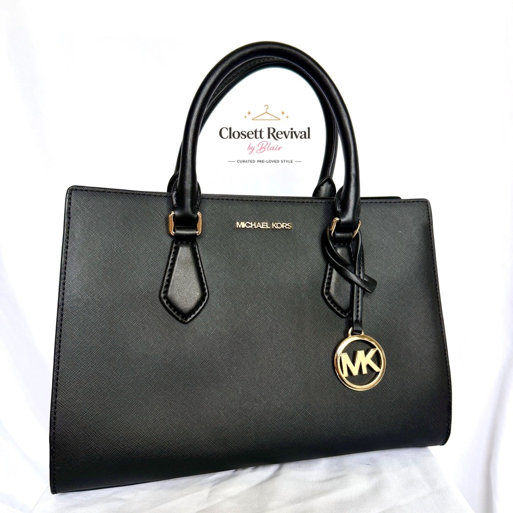 Michael Kors Black Saffiano Leather Satchel with Gold Accent Charm